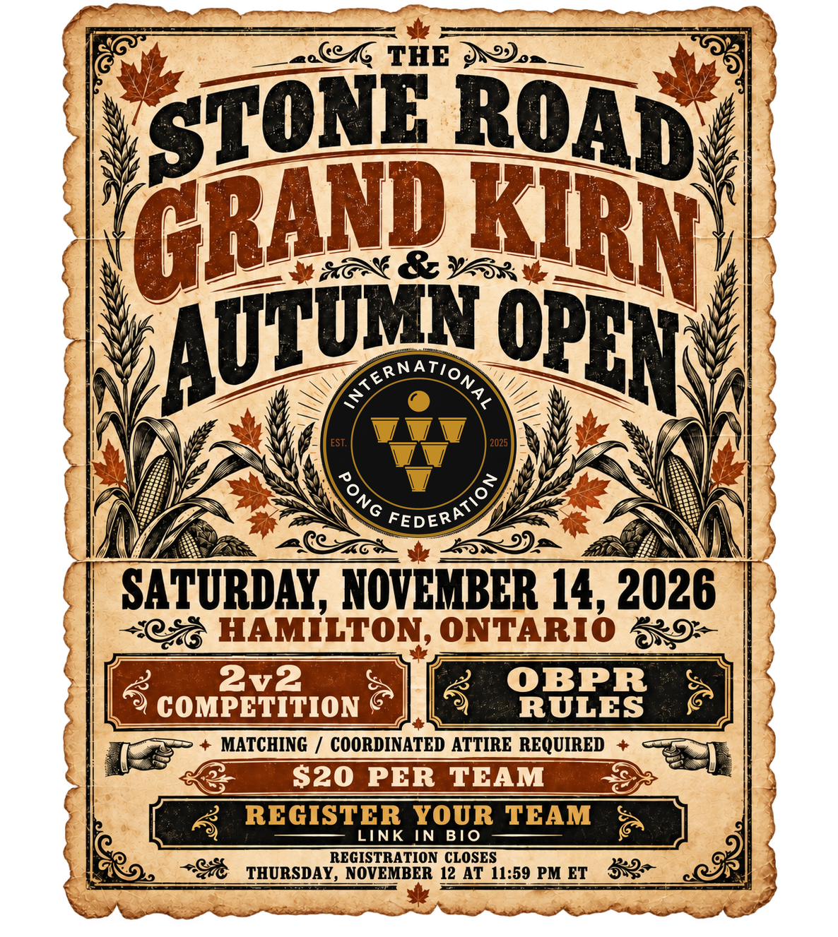 Approved promotional poster on parchment, with engraved harvest ornamentation, the IPF seal, and an irregular torn-paper edge.